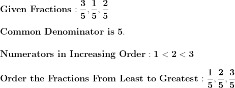 \\\mathbf{Given \ Fractions: \frac{3}{5}, \frac{1}{5}, \frac{2}{5}} \\ \\\mathbf{\\Common \ Denominator \ is \ 5.} \\ \\\mathbf{\\Numerators \ in \ Increasing \ Order: 1 < 2 < 3} \\ \\\mathbf{\\Order \ the \ Fractions \ From \ Least \ to \ Greatest: \frac{1}{5}, \frac{2}{5}, \frac{3}{5}}